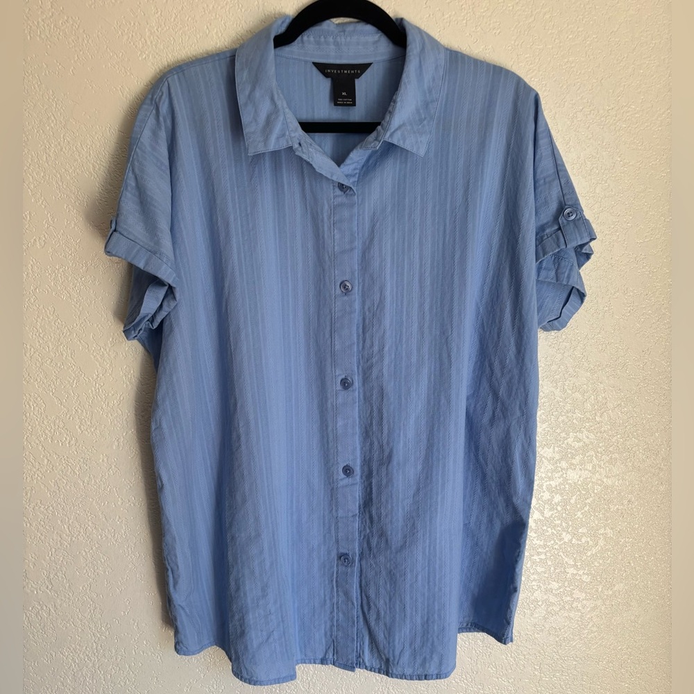 100% Cotton INVESTMENTS Blue Striped Button XL Casual Relaxed Fit Short Sleeve